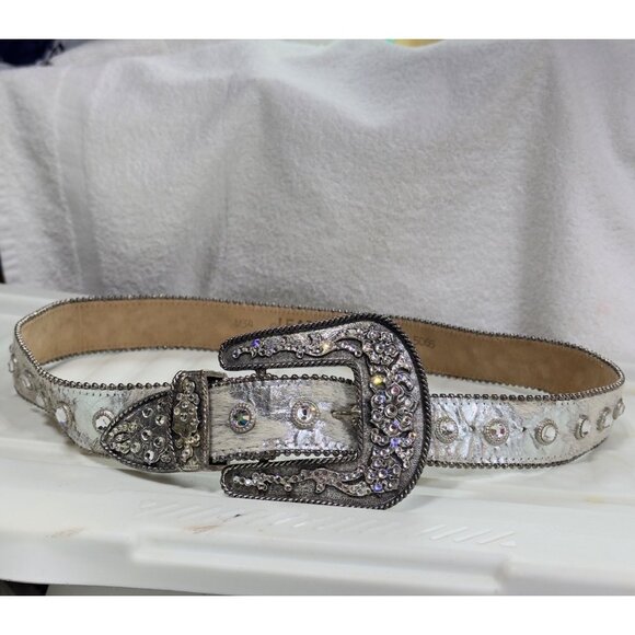 LEATHEROCK Womens Silver Metallic Belt Crystal Embellished Buckle & Studs 34M - Picture 4 of 13